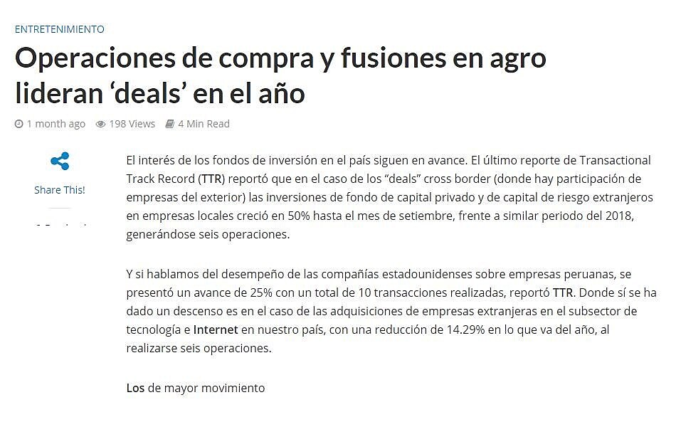 Operaciones de compra y fusiones en agro lideran deals en el ao